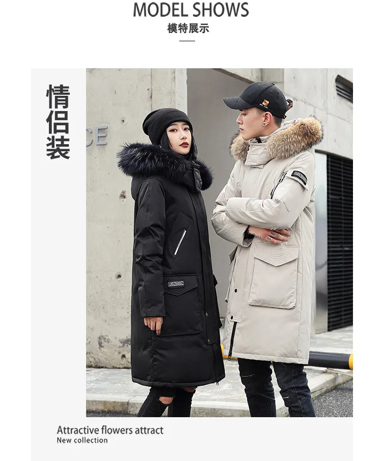Korean Style Winter Long Parka Coat Men Woman Down Jacket Clothing Hooded Fur Collar Thicken Warm Leisure Lovers Overcoat