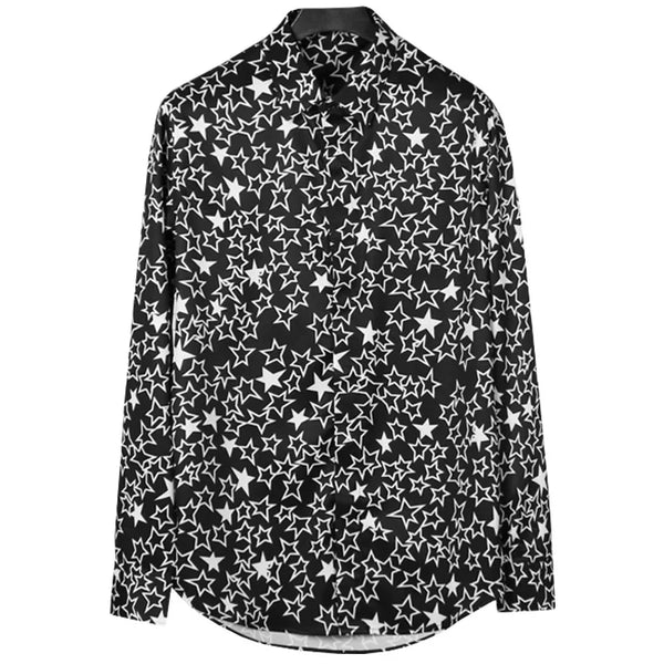 New 2022 Men 3D luxurious Classic Black White Star Print Fashion Silk Casual Shirts Shirt high Pocket Long-sleeves S 2XL #D276