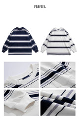 Oversized Urban Half Zip Hoodie – Autumn Japanese Retro Striped Sweatshirts For Men And Women Y2K Streetwear Crewneck Long Sleeve T Shirts Casual Pocket Knit Tops | Zip Knit Drop #55