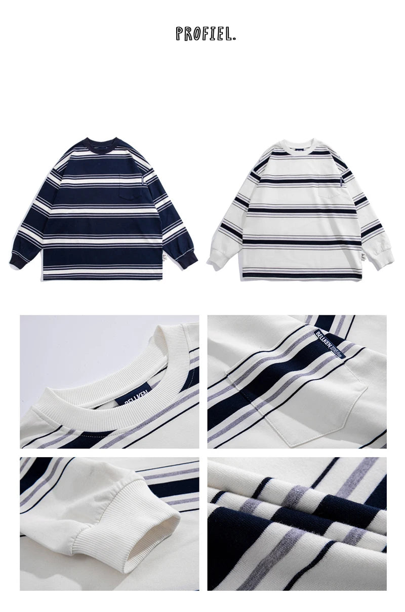Oversized Urban Half Zip Hoodie – Autumn Japanese Retro Striped Sweatshirts For Men And Women Y2K Streetwear Crewneck Long Sleeve T Shirts Casual Pocket Knit Tops | Zip Knit Drop #55