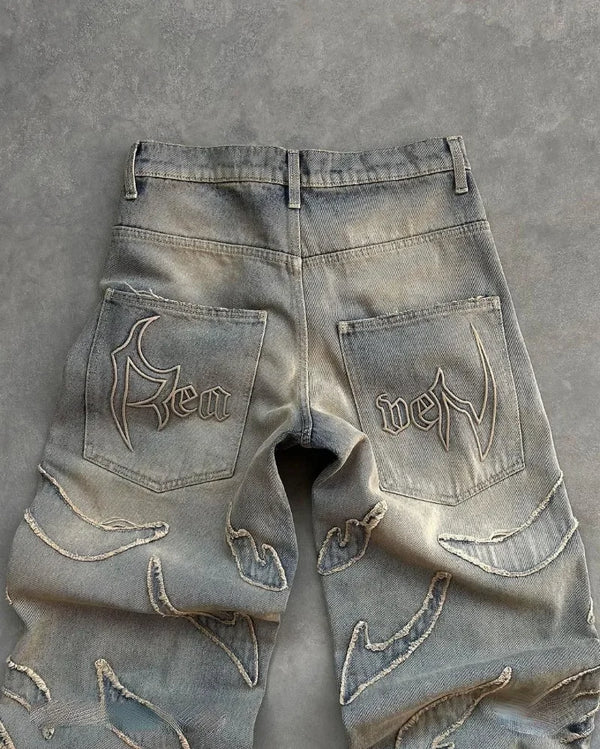american gothic patchwork raw edge embroidered letter jeans mens street hip hop harajuku high waisted wide leg pants womens stacked flare jeans
