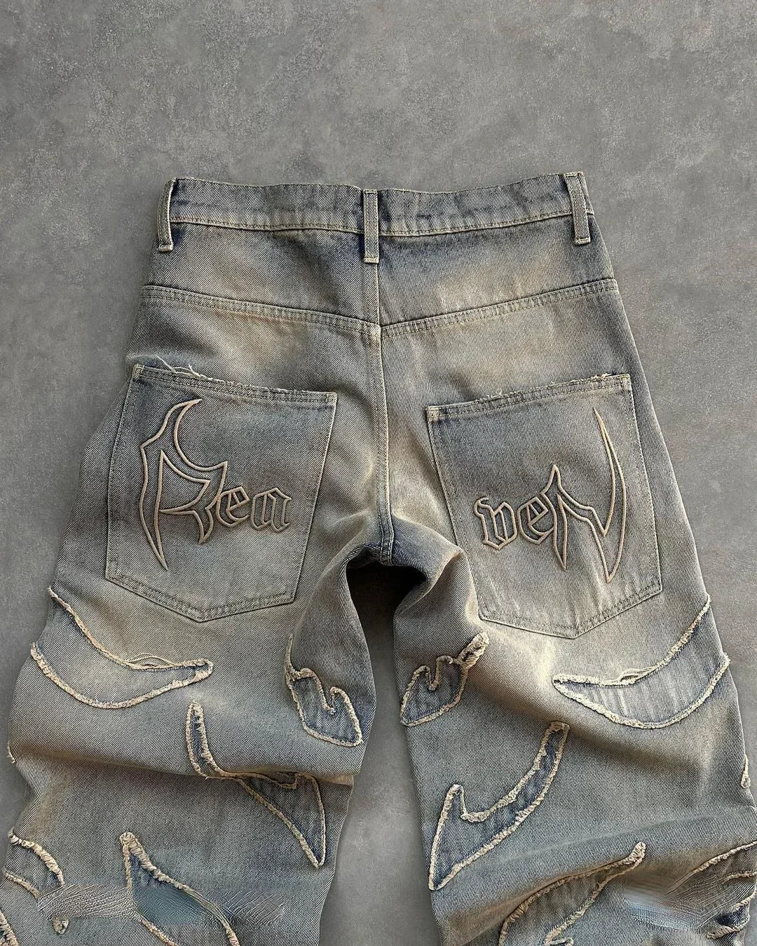 american gothic patchwork raw edge embroidered letter jeans mens street hip hop harajuku high waisted wide leg pants womens unique jeans style 1797
