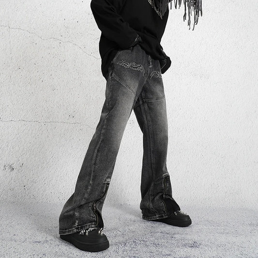 2023 dark streetwear totem embroidery vintage baggy men jeans pants feet zipper straight hip hop punk denim trousers ropa hombre denim street jeans