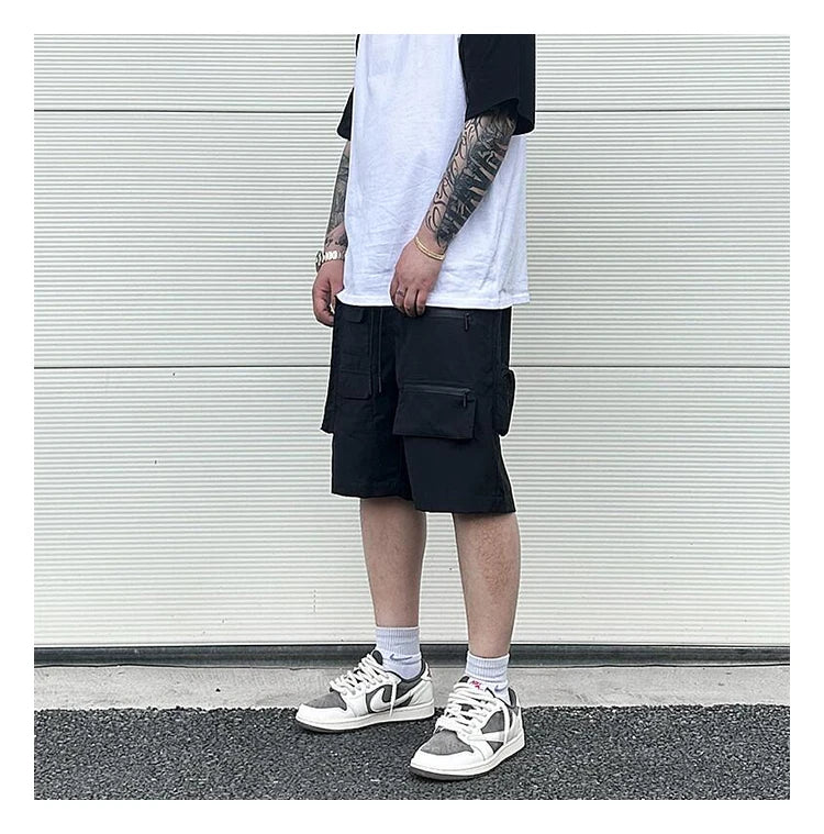 Retro Fashion Vibe Summer Cargo Shorts Functional Pockets Press Glue Zipper Straight Shorts Baggy Casual Split Knee-length