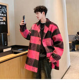 Plaid Woolen Trenchcoat Men Autumn Winter Fashion Retro Streetwear Suit Collar Loose Casual Trendy Trench Coat Outerwear