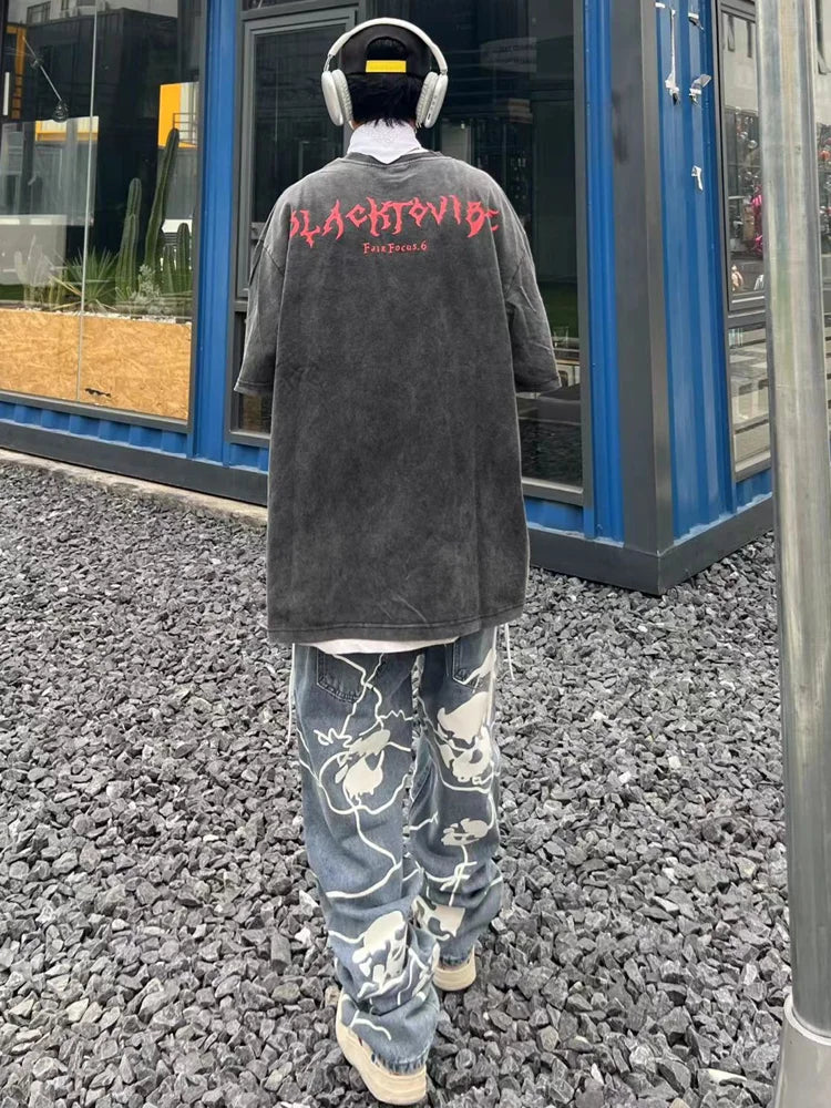 fashion lightning skull printed denim jeans mens unisex casual zipper straight jeans streetwear hip hop y2k jean pants joggers urban active pants