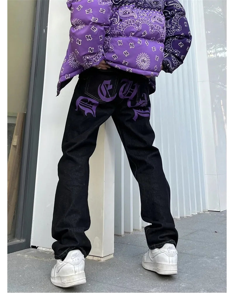 y2k retro sanskrit black jeans street casual pants punk male hip hop print loose harajuku mens straight pants ins hot sale unique jeans style 4764