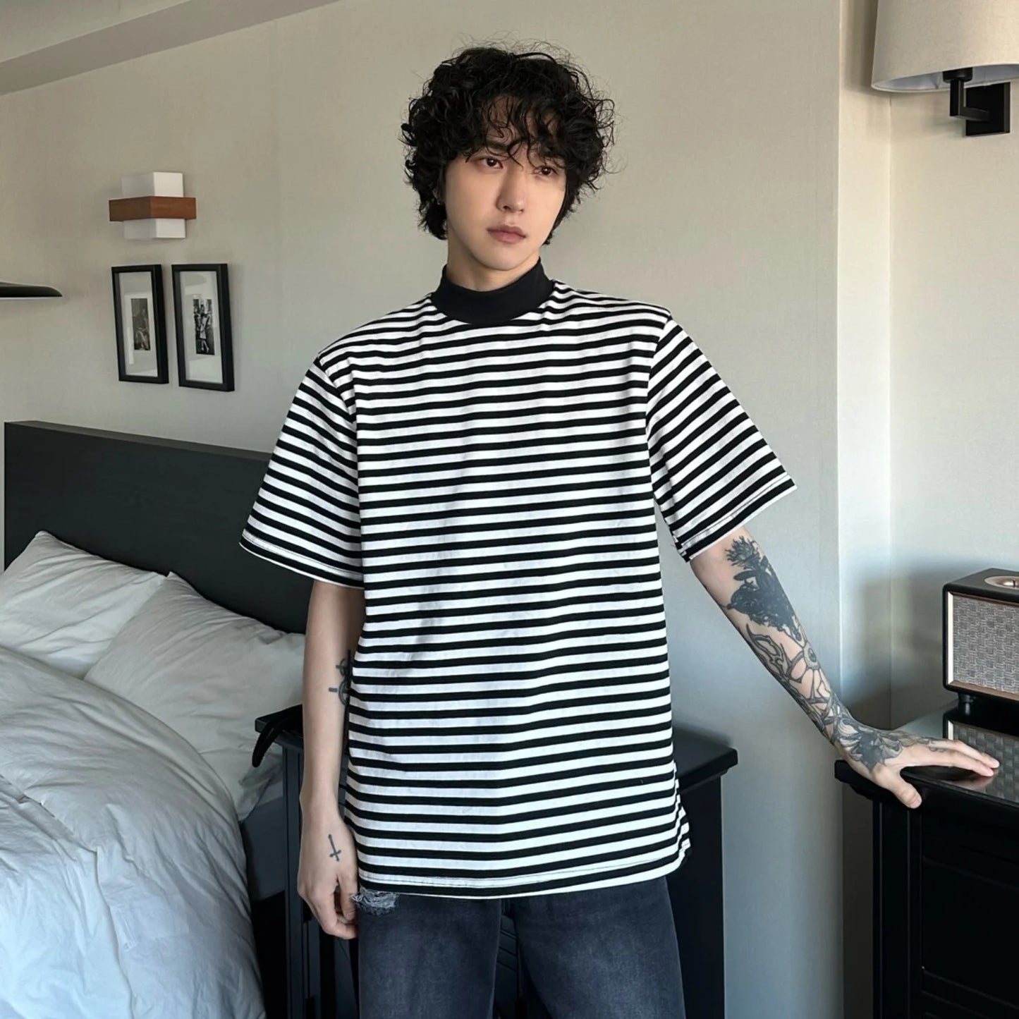 Cyberpunk Oversized shirt – Summer New Men Korean Style Loose Bottoming Shirt Black And