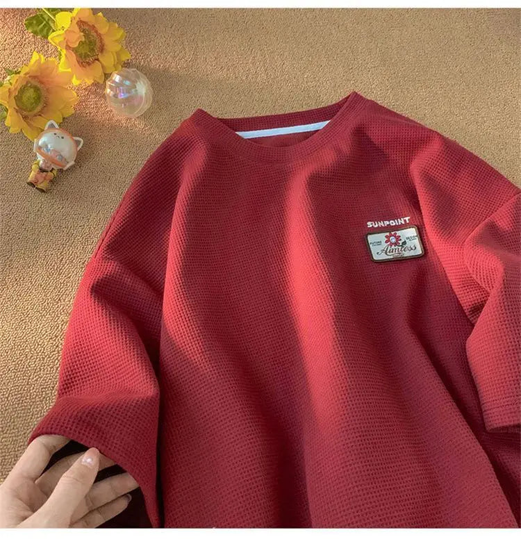 Trapwear Aesthetic piece – Waffle Short Sleeved T Shirt Mens Summer Trendy Casual Loose