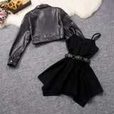 Retro hot girl camisole irregular big swing skirt short leather jacket coffee color set two piece sets womens outifits dress