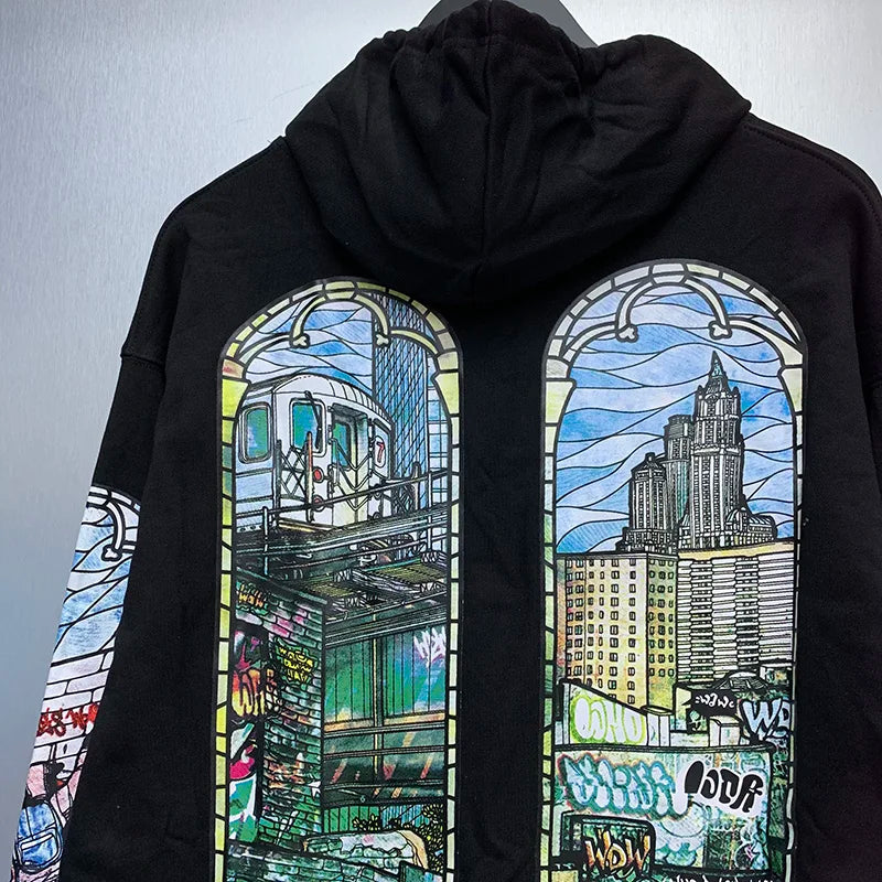 24Ss Autumn And Winter Who Decides War Hoodies Vintage City Cartoon Pr