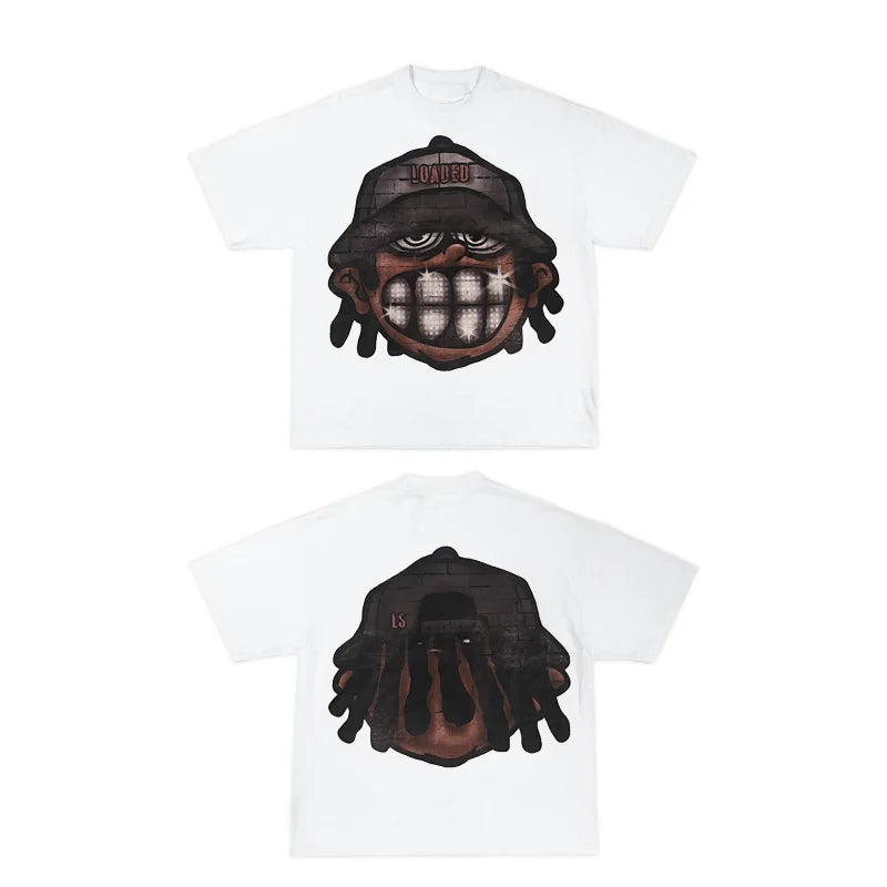 y2k anime streetwear tee with layered cartoon flames and glitch burst