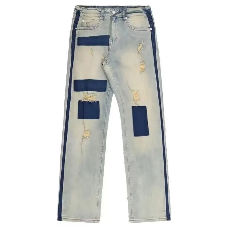 spring street fashion set mens blue plaid printed shirt color blocking trendy jeans 2 pcs set retro college suit male new unique jeans style 4686