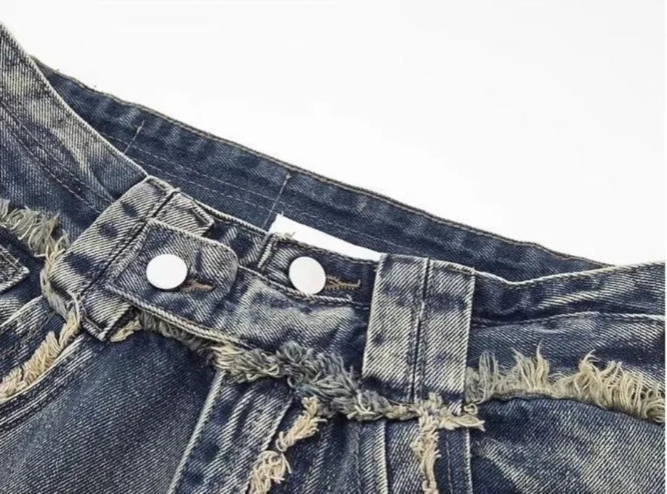 high street jeans mens spring autumn rough edge splicing design trendy denim pants multiple pockets punk cowboy flared trousers unique jeans style 428