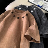 Harajuku Oversized shirt – Men Black Washed T Shirt O Neck Star Patterned Heavyweight S