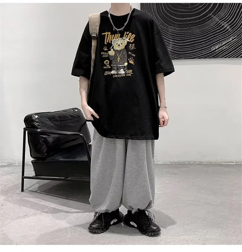Harajuku Angelcore design – Funny Middle Finger Bear Graphic Short Sleeve Tee Shirts Men