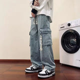 american retro and personalized straight leg jeans for men and women with hiphop big pocket design work pants loose casual pants denim street jeans
