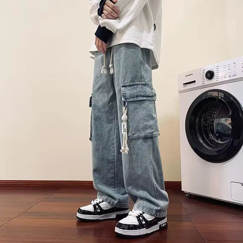 american retro and personalized straight leg jeans for men and women with hiphop big pocket design work pants loose casual pants denim street jeans