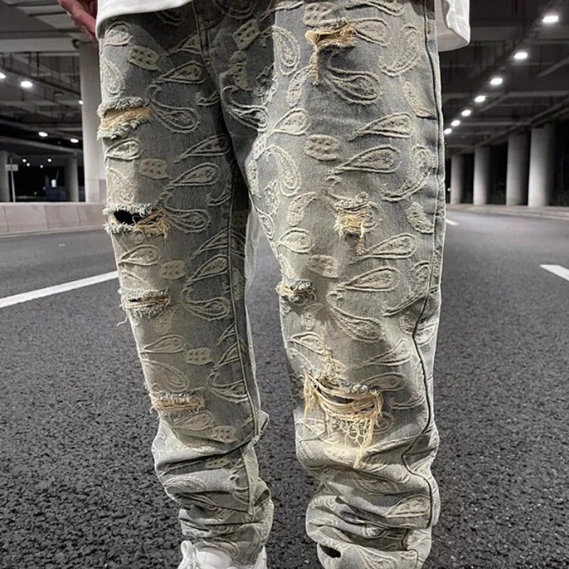 fashion paisy denim jeans mens destoryed holes zipper jeans pants hip hop streetwear new summer casual joggers loose jeans pants urban active pants