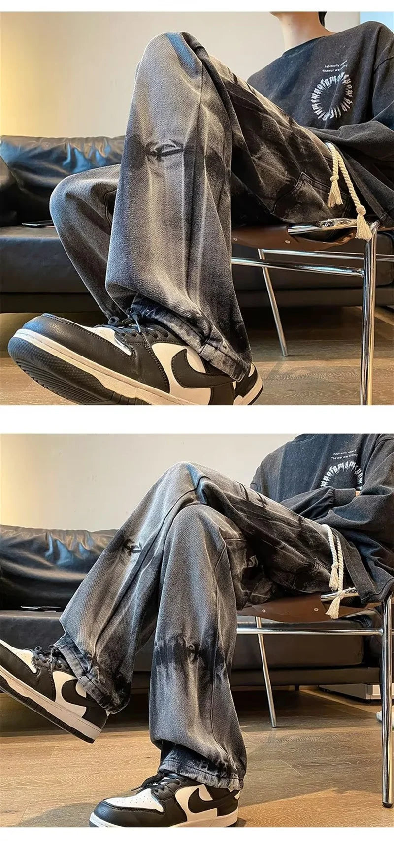 2025 new tie dye retro drawstring jeans for men baggy high street straight pants hip hop fashion casual y2k jean hombre pantalon unique jeans style 861