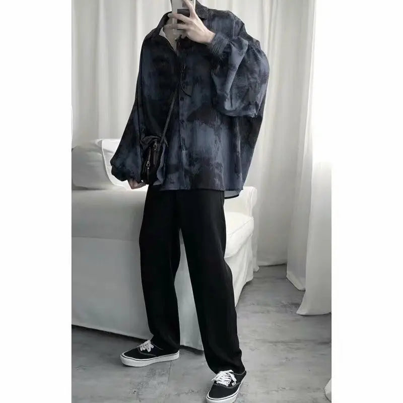 Tie dye loose shirt men long sleeved early autumn Korean version student ins men shirt dark abstinence