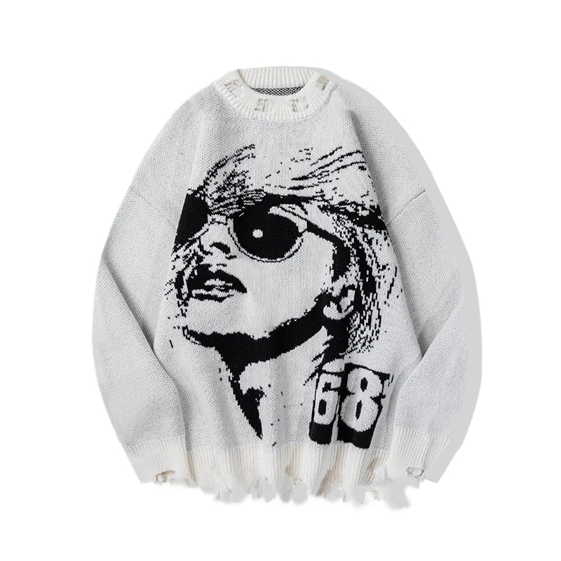 hip hop knitted oversized sweater men autumn winter o neck long sleeve pullover streetwear casual loose sweaters jumper knitwear - Y2K grunge street style, graphic printed hoodie for men and women, oversized streetwear hoodie