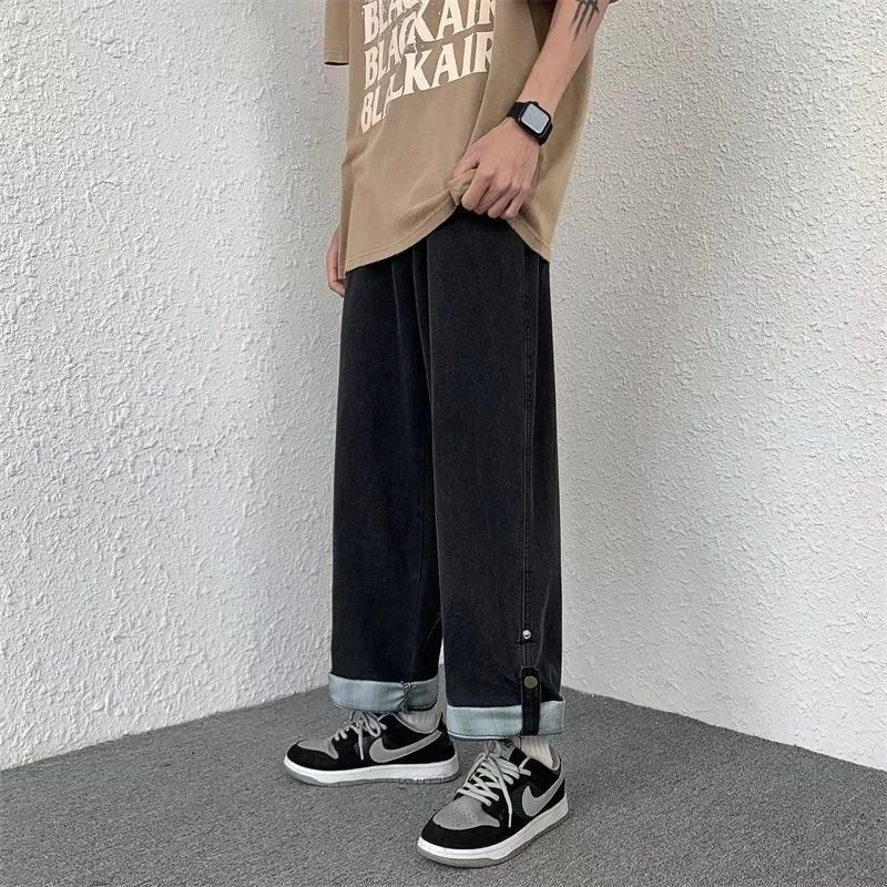 autumn plaid cuffs wide leg jeans for men high street fashion straight denim pants mujer elastic y2k baggy blue jean trousers denim street jeans