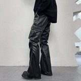 pu leather pants mens streetwear fashion hip hop vibe casual faux leather cargo flared pant men motorcycle trousers unique cargo style 3070