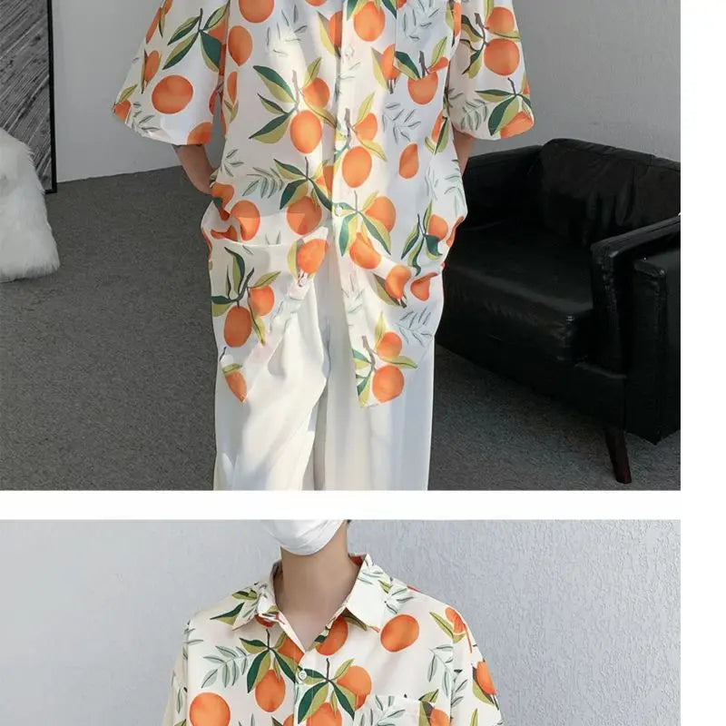 Gothic Streetwear – Orange Cute Fruit Peaches Full Print Shirts Loose Half Sleev – Modern Streetwear for Everyone