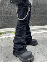 y2k streetwear trendy oversized micro flare jeans black ro hip hop washed tassel distressed denim jean raw edge mens wide pants unique jeans style 747