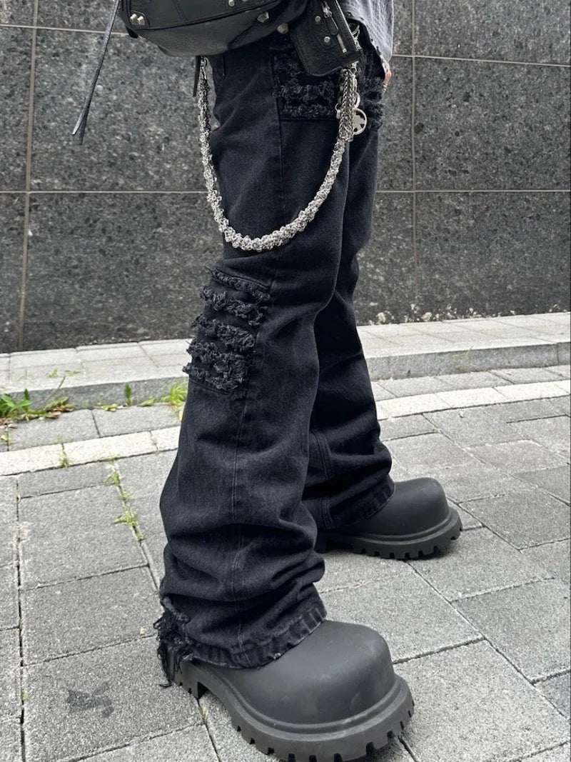 y2k streetwear trendy oversized micro flare jeans black ro hip hop washed tassel distressed denim jean raw edge mens wide pants unique jeans style 747
