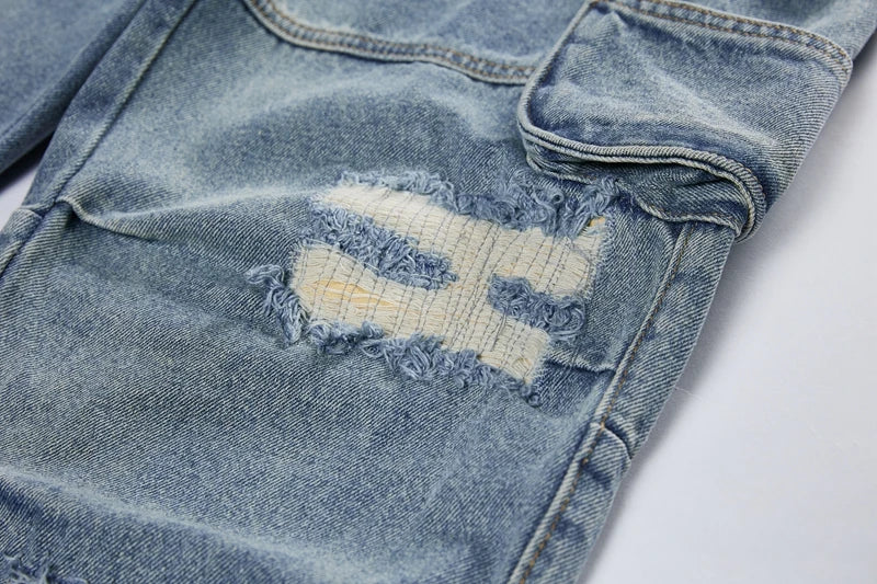 mens baggy jeans side big pocket distressed ripped denim jean straight pants high street cargo jean pants hip hop joggers jeans unique joggers style 3000