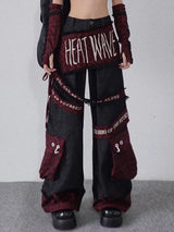 embroidered patchwork red checkered multi pocket jeans with high waist and slimming effect floor length pants baggy jeans women unique jeans style 2587