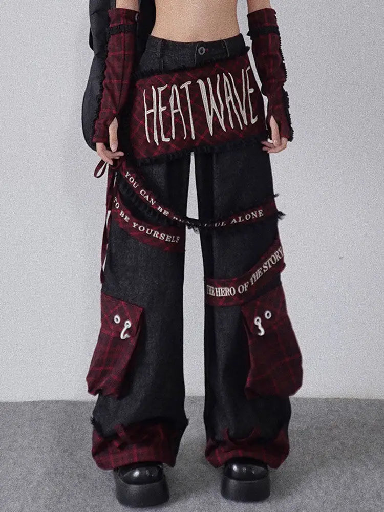 embroidered patchwork red checkered multi pocket jeans with high waist and slimming effect floor length pants baggy jeans women unique jeans style 2587