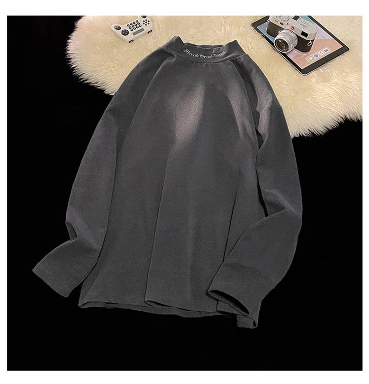 Autumn Winter Warm Classic Long Sleeve Bottoming Shirt Gothic Style Embroidery Design Man Half-high Neck Tops Loose Male Tshirt