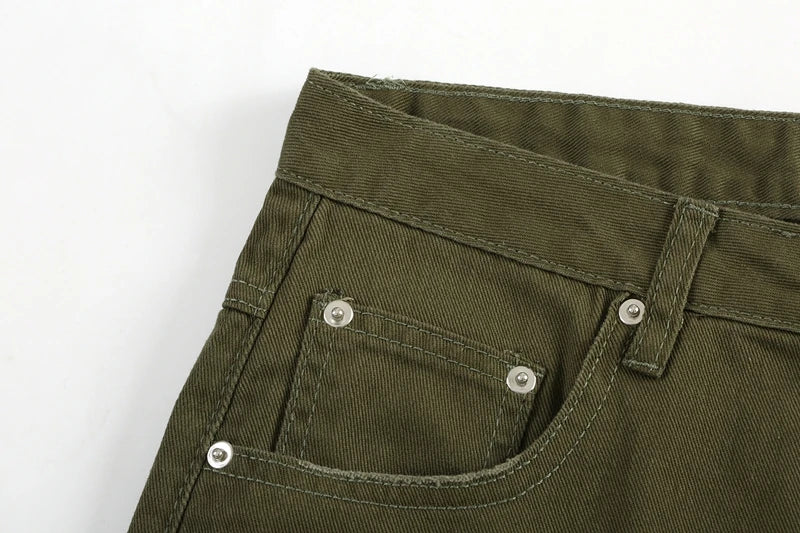 military green cargo jeans pants thin streetwear skinny micro horn ripped jeans hip hop raw edge speckle ink washed slim jeans unique cargo style 3527