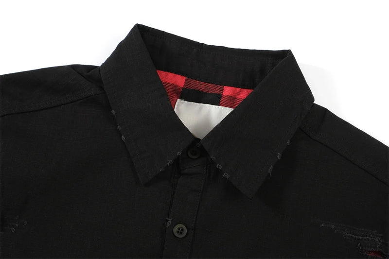 Undermycar 2023 New Worn Out Heavy Work Durable Splice Extra Large Loose Plaid Shirt with Black and Red Plaid