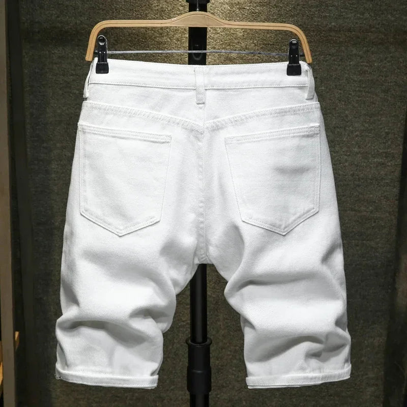 new white jeans shorts men fashion ripped knee length pants simple casual slim hole denim shorts male streetwear urban skinny jeans