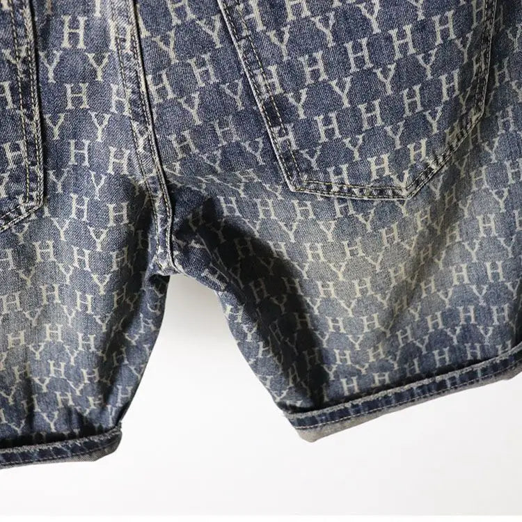 european and american fashion brand cowboy middle pants mens five point shorts non fading washed printed denim shorts unique jeans style 2065