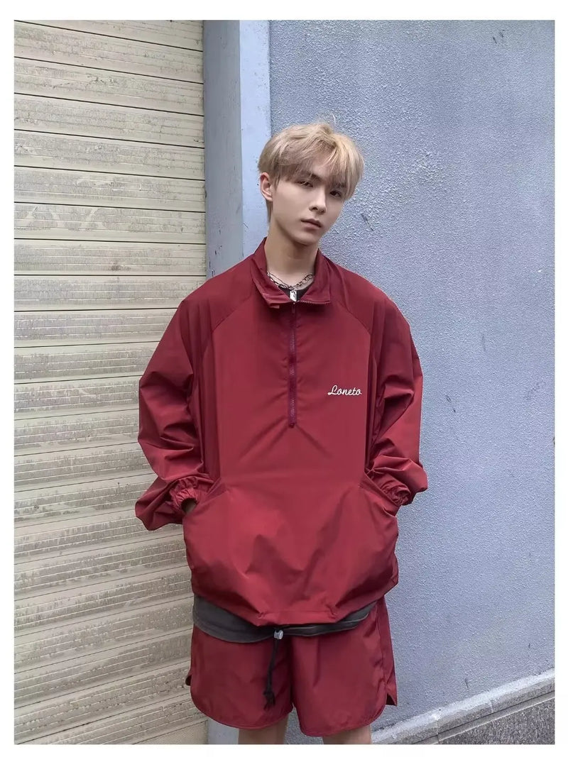 quick drying two piece set men loose casual street sweatshirt shorts y2k stand collar casual loose lightweight suits american unique shorts style 504