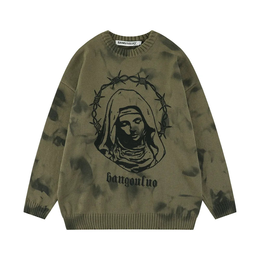 grunge knit sweater with heavyweight fabric, layered urban look for cold weather, street fashion menswear trend for seasonal 