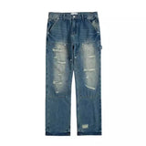 high street distressed black hole washed destroyed jeans casual ripped logging pants straight wide leg denim pants for men unique jeans style 78