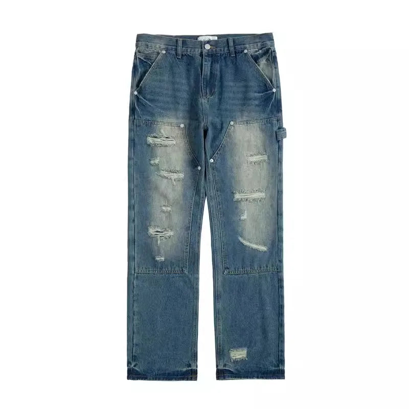 high street distressed black hole washed destroyed jeans casual ripped logging pants straight wide leg denim pants for men unique jeans style 78