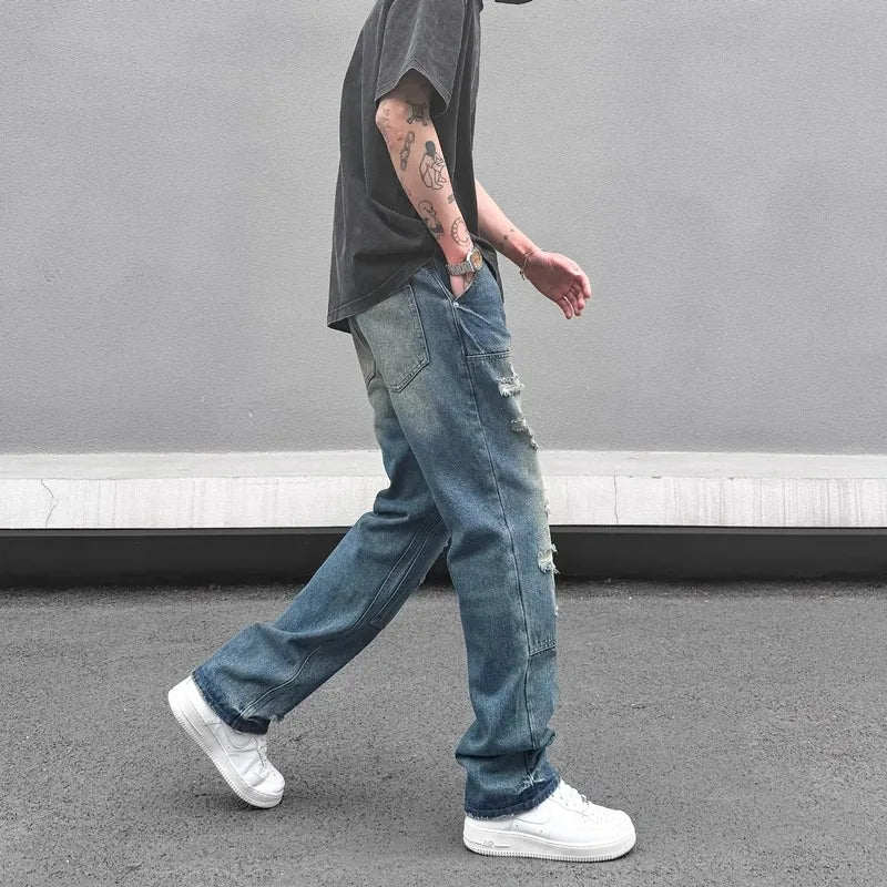 high street distressed black hole washed destroyed jeans casual ripped logging pants straight wide leg denim pants for men unique jeans style 88
