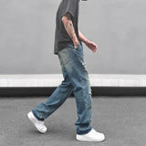 high street distressed black hole washed destroyed jeans casual ripped logging pants straight wide leg denim pants for men unique jeans style 88
