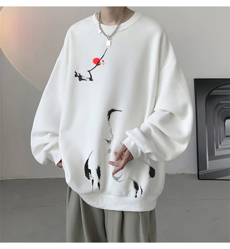 Ink Painting Cartoon Crane Printed Pullover Hoodies For Men 2024 New H