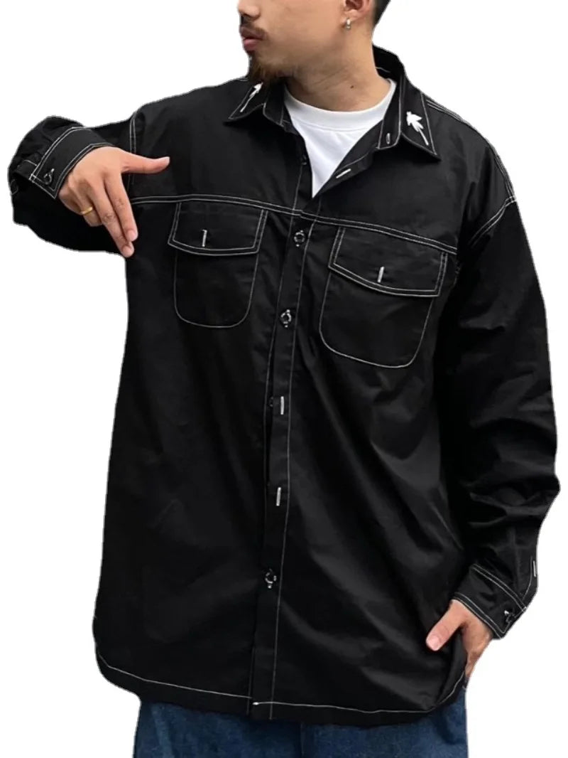 Hip Hop Shirts Harajuku Letter Printed New Casual Long Sleeve Single Breasted Shirts for Men High Street Loose Tops Cargo Shirt