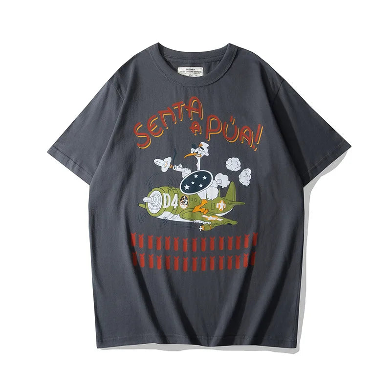 Anime Oversized shirt – Summer Mens T Shirt 200G Retro Cartoon Printed Fighter Milit