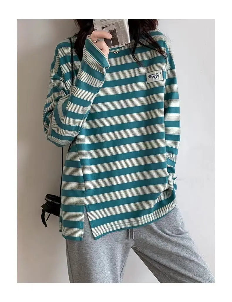 Y2k Vintage print – Design Niche Slit Striped Bottoming Shirt Women Autumn And W