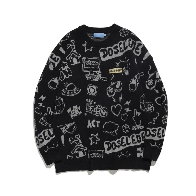 rainbowtouches harajuku graffiti plush knitted sweater mens oversized jumper pullover thick sweater grandpa ugly sweater - oversized streetwear hoodie, anime inspired graphic hoodie, graphic printed hoodie for men and women